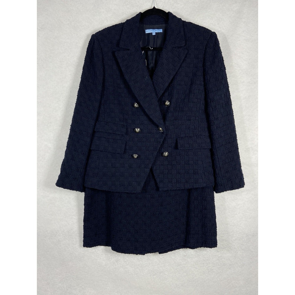 Antonio Melani Skirt Suit Womens 14 Blue Blazer Double Breast Long Sleeve Tweed